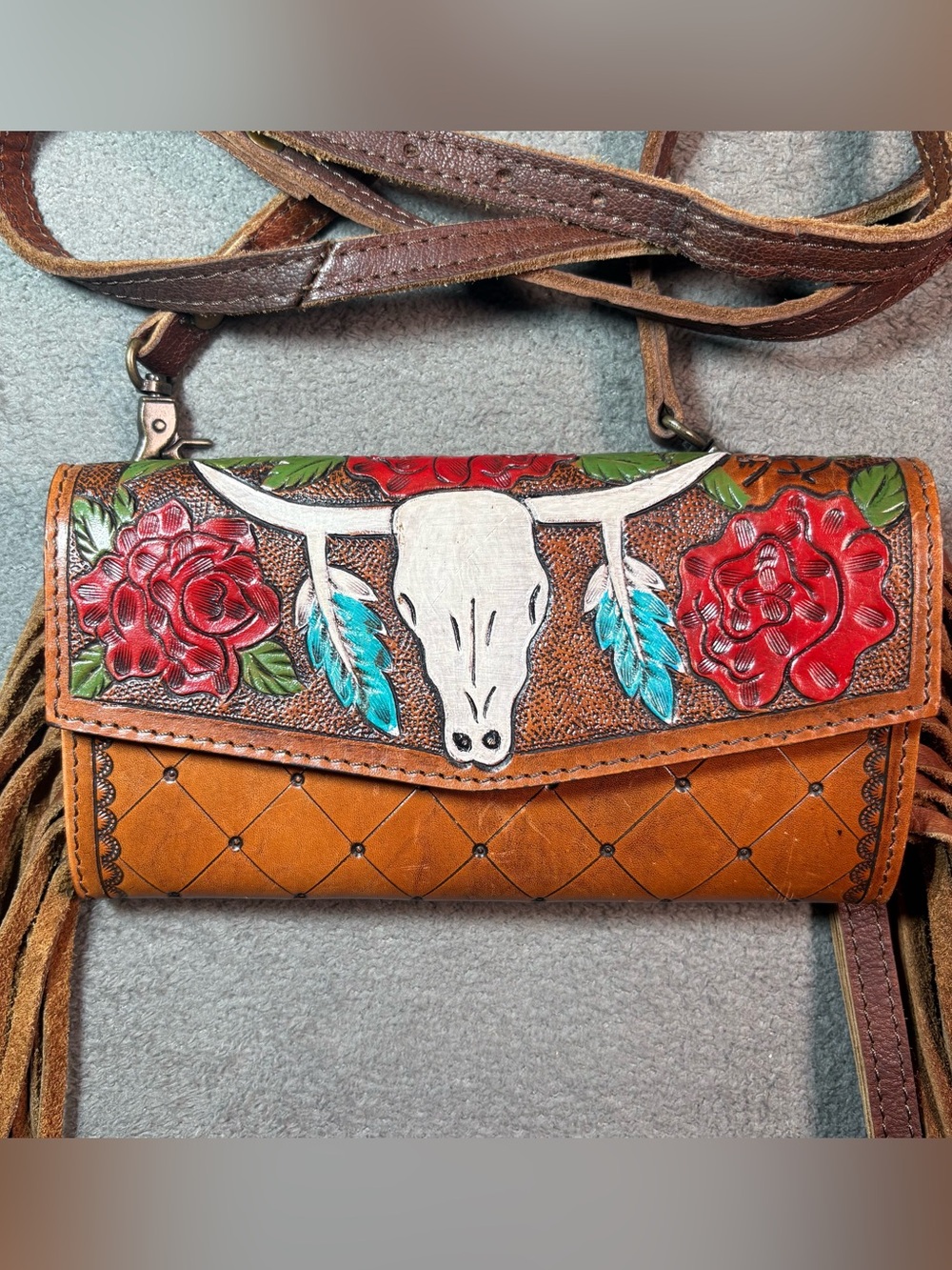 American Darling Leather Fringe Crossbody Wallet Longhorn Skull Western Bag